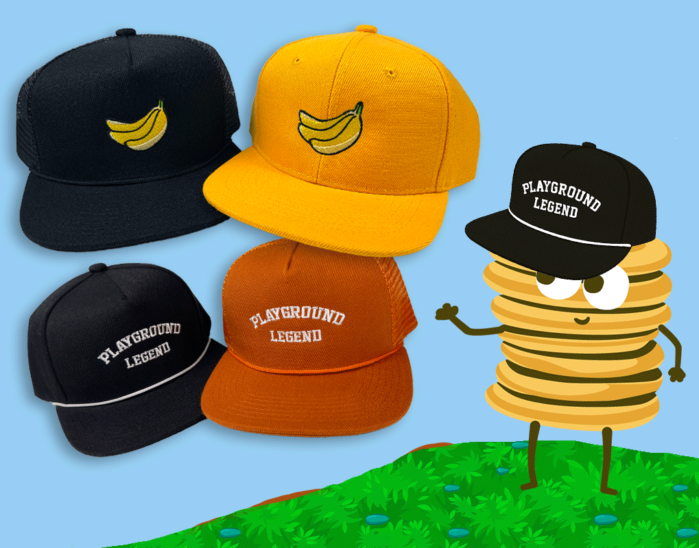 Shortie wearing a Playground Legend hat and 4 other hats