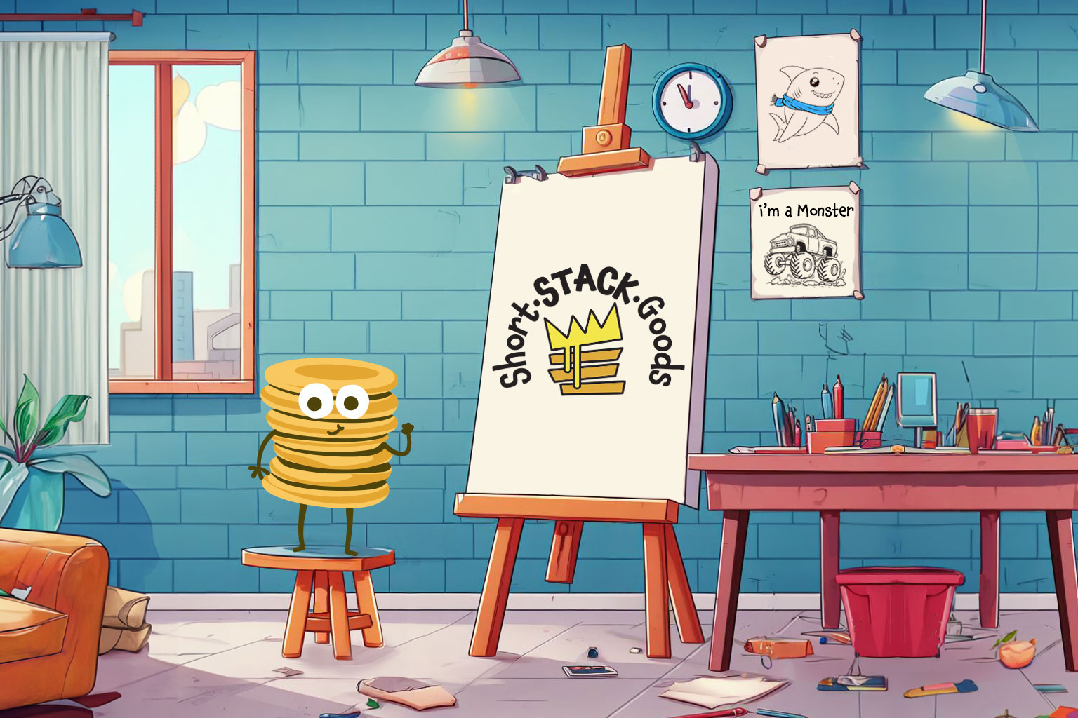 Shortie in his workshop with art supplies
