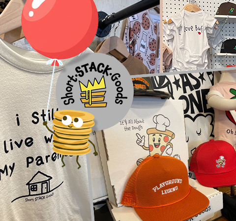 Shortie floating away with a balloon in front a of pics of product