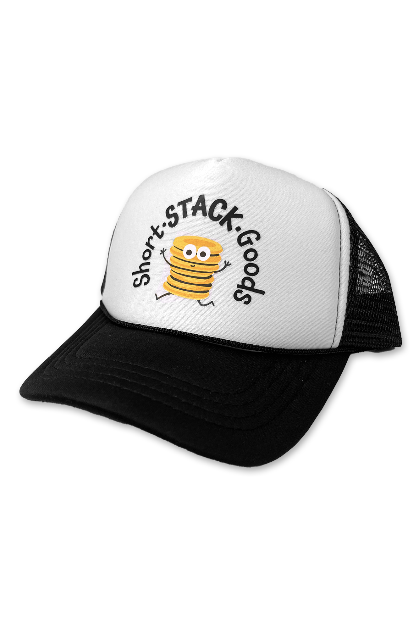 Shortie logo on black and white foam trucker hat